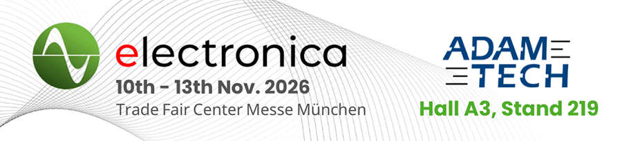 Banner for electronica 2026 (10–13 Nov) at Trade Fair Center Messe München, with ADAM TECH at Hall A3, Stand 219.